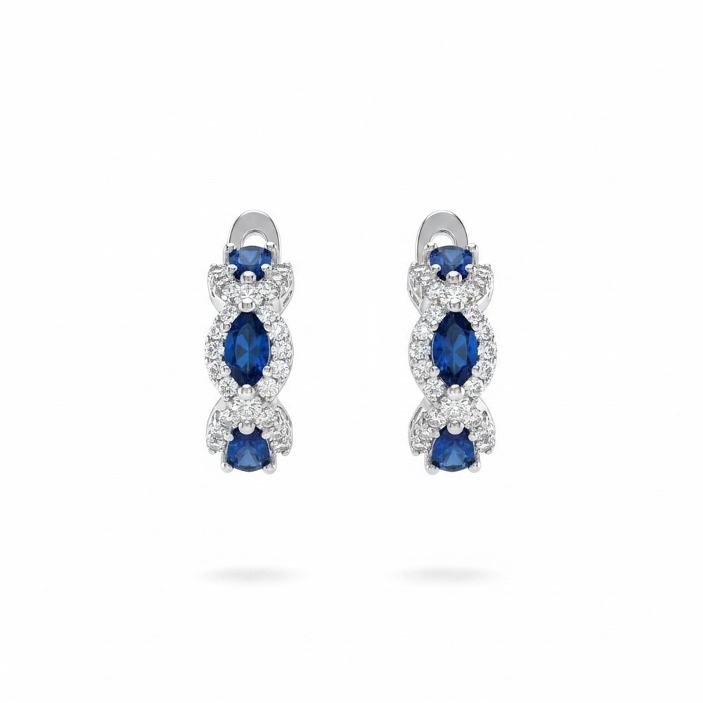 Blue Sapphire Crystal Huggie Hoop Earrings Silver Tone Lever Back Infinity Halo